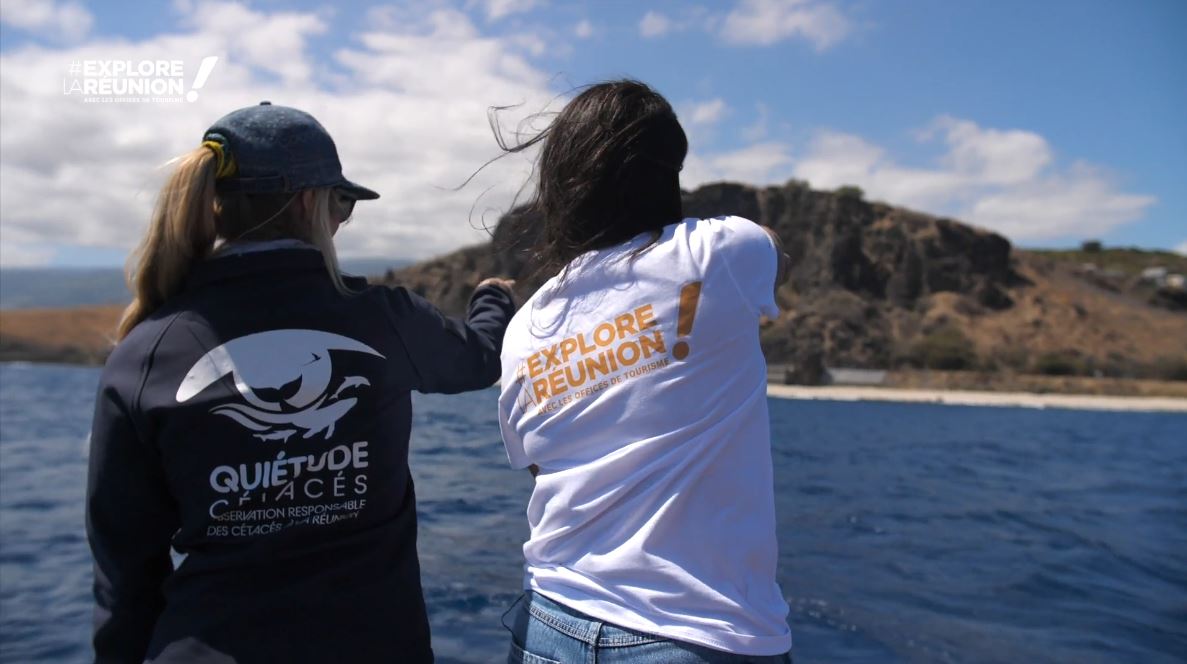 1 personne de l'équipe Quiétude et Carole (exploratrice péi) de dos en train d'observer une baleine