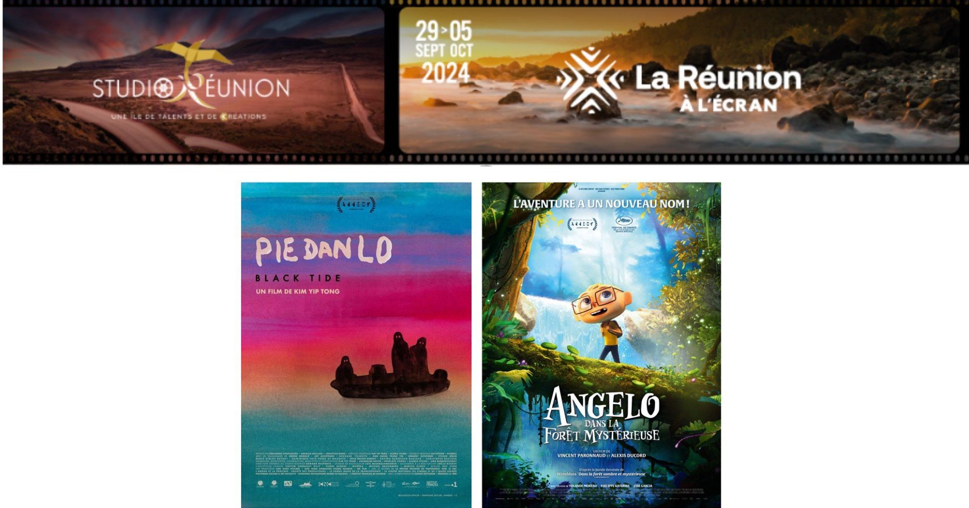 Visuel de studio réunion 2024 fait par l'agence film réunion : 2 paysages de La Réunion, avec 2 affiches de films qui seront projetés pendant l'événement