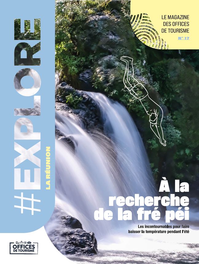 Couverture du 17ème numéro du magazine Explore La Réunion : une cascade, avec comme titre "à la recherche de la fré péi