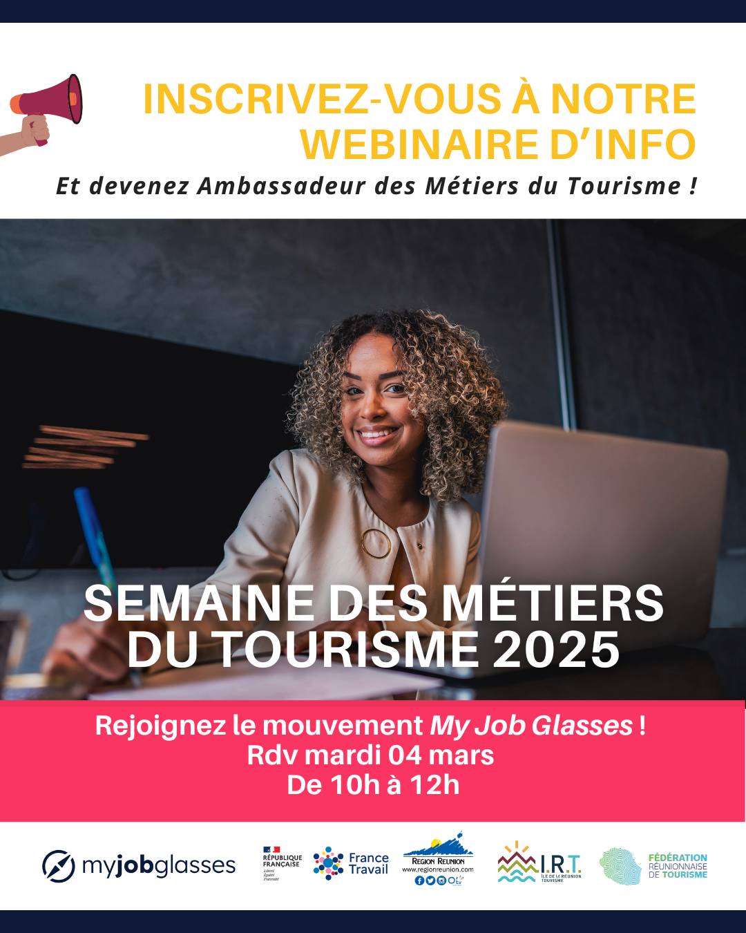 Affiche de l'événement - visio My Job Glasses avec toutes les infos clés du rdv et la photo d'une fille assise, souriante à son bureau